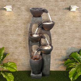 39 Inches 5-Tier Outdoor Water Fountain - Modern Resin Floor-Standing Fountain with Warm LED Illuminated Waterfall for Patio Garden Yard