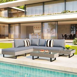 3-piece Outdoor Wicker Sofa Patio Furniture Set, L-shaped Corner Sofa, Water And UV Protected, Two Glass Table, Adjustable Feet And 3.1" Thicker Cushi