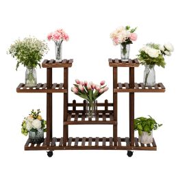 4-Layer Wooden Flower Stands Rolling Flower Plant Display Shelf Storage Rack Ladder Stand Rack Corner Plant Stand Living Room Balcony Patio Yard Outdo