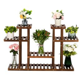 Flower Pots Rack Shelf Holder 4-Story 12-Seat Indoor Outdoor Carbonized Wood Plant Stand