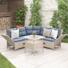 Outdoor Patio 4-Piece All Weather PE Wicker Rattan Sofa Set with Adjustable Backs for Backyard;  Poolside;  Gray