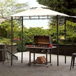 12Ft.Lx4.3Ft.W Steel Double Tiered Backyard Patio BBQ Grill Gazebo with Bar Counters; Beige