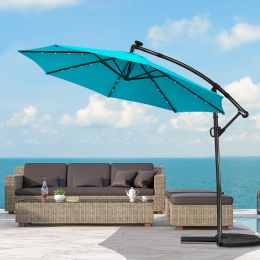 10FT Patio Offset Umbrella Solar Powered LED 360Degree Rotation Aluminum Turquoise