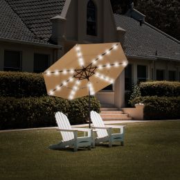 3 Tiers And 8 Ribs Outdoor Umbrella With 32 LED Lights; Patio Table Umbrella with Push Button Tilt And Crank; Beige