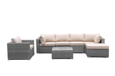 7 Pieces Patio Furniture Set; All-Weather Outdoor Sectional Sofa; Manual Weaving PE Wicker Rattan Patio Conversation Sets with Light Brown Cushion and