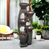 39 Inches 5-Tier Outdoor Water Fountain - Modern Resin Floor-Standing Fountain with Warm LED Illuminated Waterfall for Patio Garden Yard