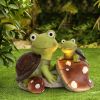 Garden Statue Cute Frog Face Turtles Figurines; Solar Powered Resin Animal Sculpture with 3 Led Lights for Patio; Lawn