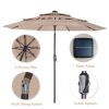 3 Tiers And 8 Ribs Outdoor Umbrella With 32 LED Lights; Patio Table Umbrella with Push Button Tilt And Crank; Beige